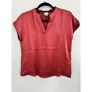 NWOT Nicole Miller Woman's Blouse Top Rust Sz. S Satin Cap Sleeve V-Neck Career
